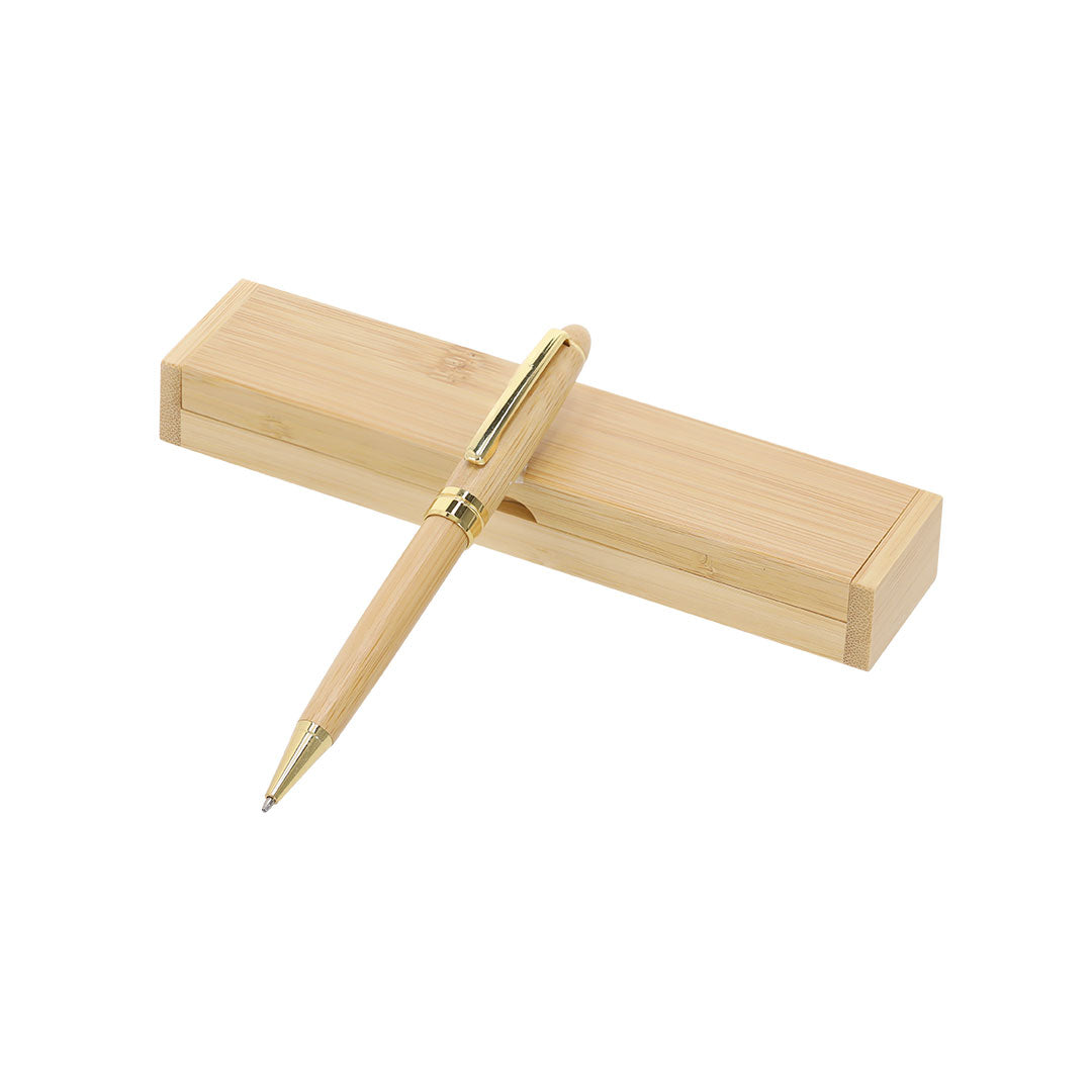 Stylo élégant en bambou naturel et en métal avec finition dorée. Encre bleue, présenté dans un distingué étui en bambou.