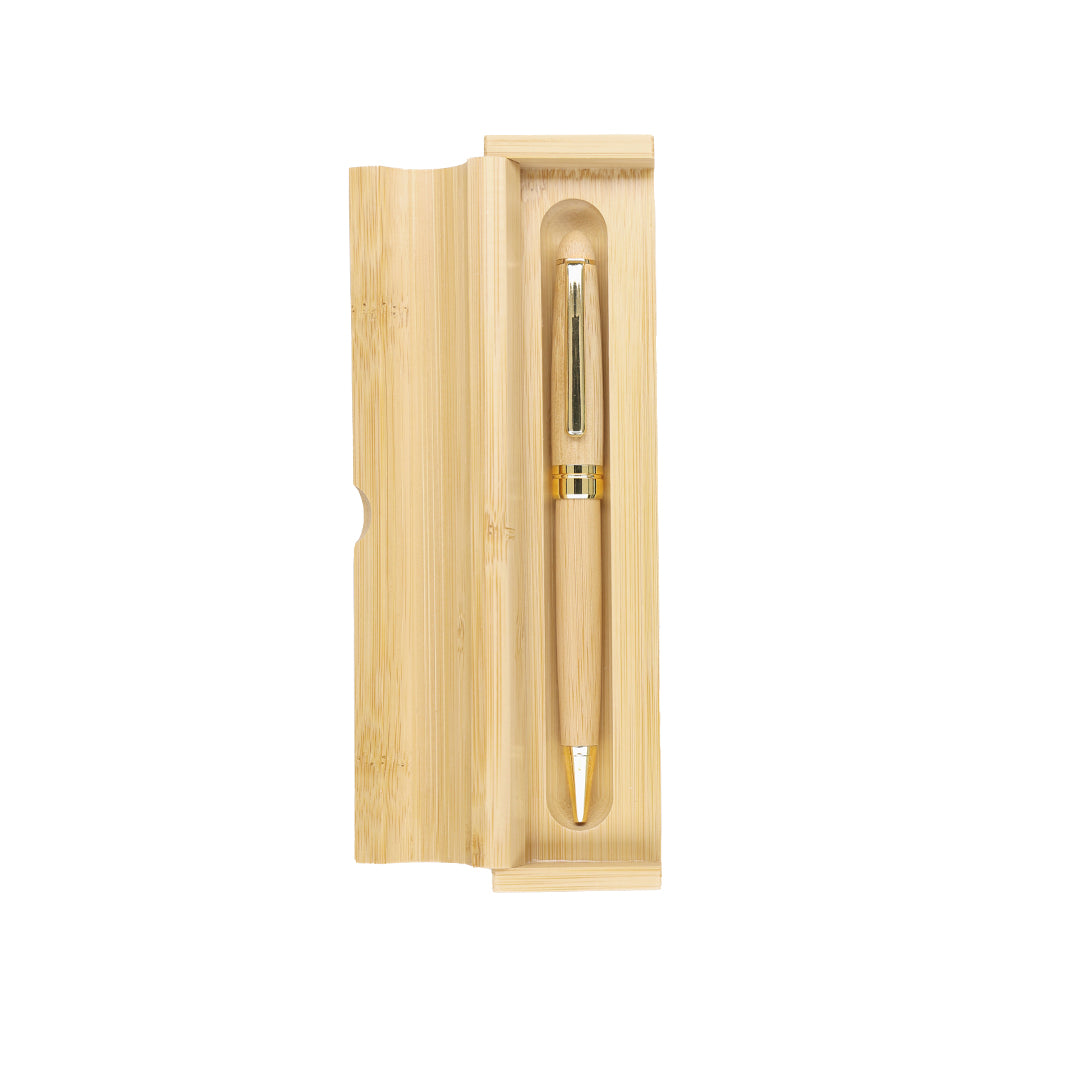 Stylo élégant en bambou naturel et en métal avec finition dorée. Encre bleue, présenté dans un distingué étui en bambou.