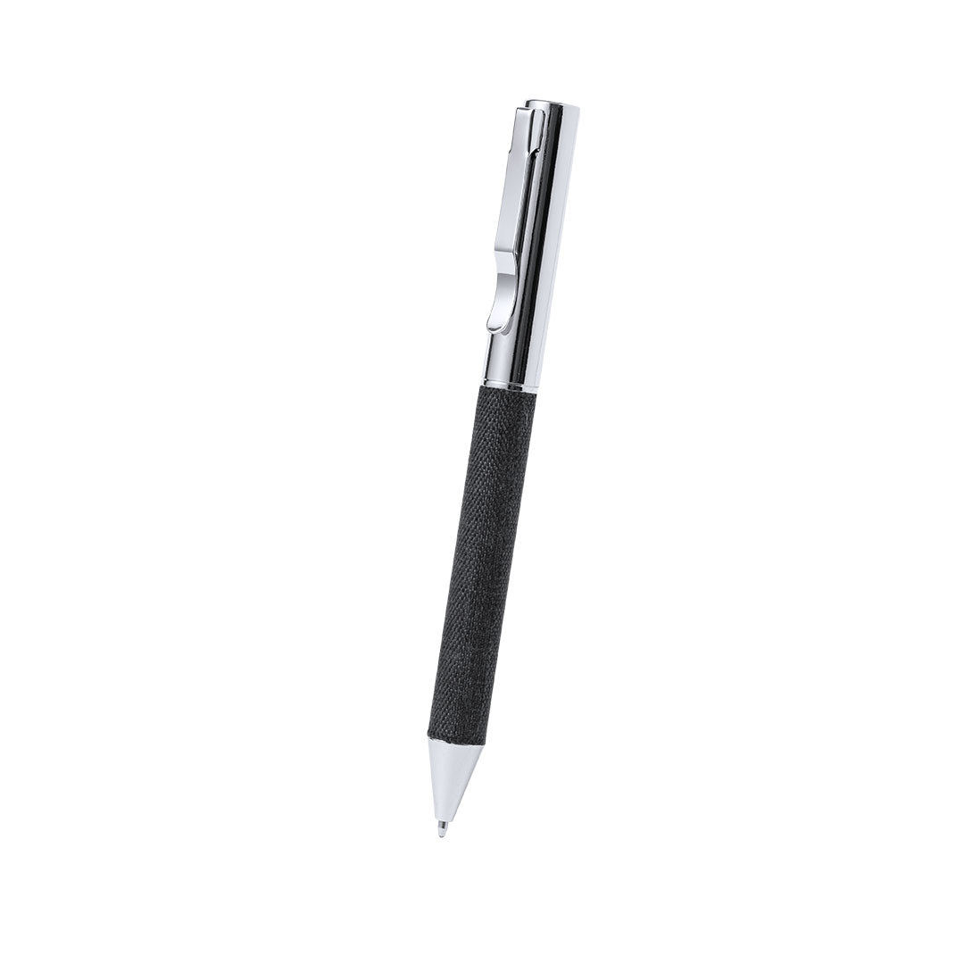 Coffret stylo encre bleue et porte-clés noire en métal en RPET, présenté dans une boîte individuelle noire