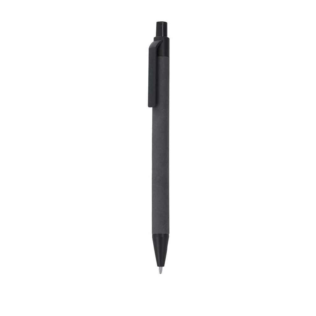 Stylo noir fabriqué en carton recyclé en combinaison avec de la paille de blé. Mécanisme à pression et encre bleue