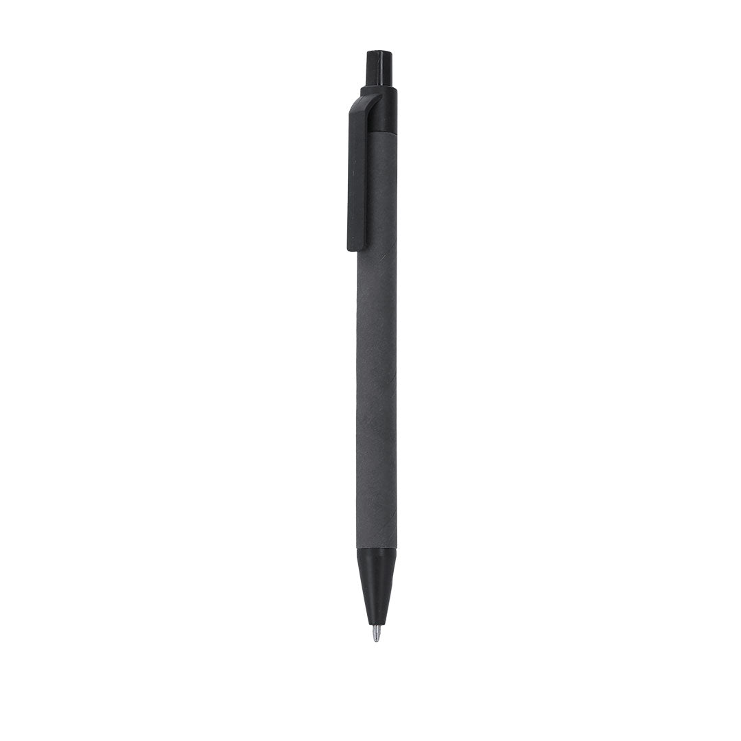 Stylo noir fabriqué en carton recyclé en combinaison avec de la paille de blé. Mécanisme à pression et encre bleue