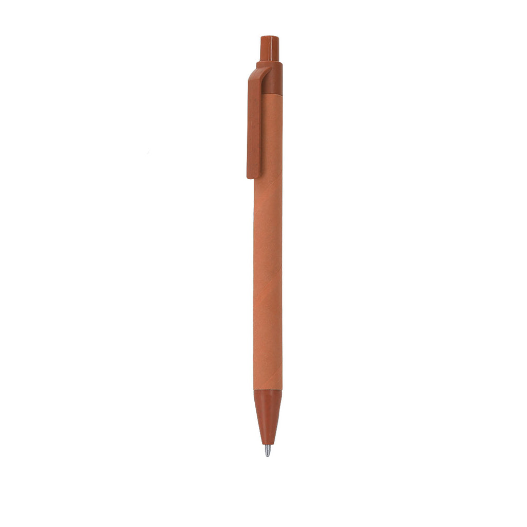 Stylo orange fabriqué en carton recyclé en combinaison avec de la paille de blé. Mécanisme à pression et encre bleue