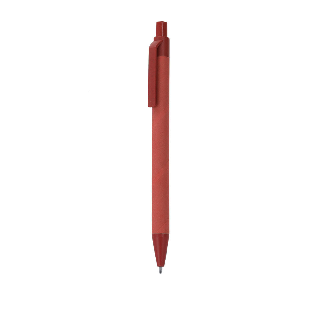 Stylo rouge fabriqué en carton recyclé en combinaison avec de la paille de blé. Mécanisme à pression et encre bleue