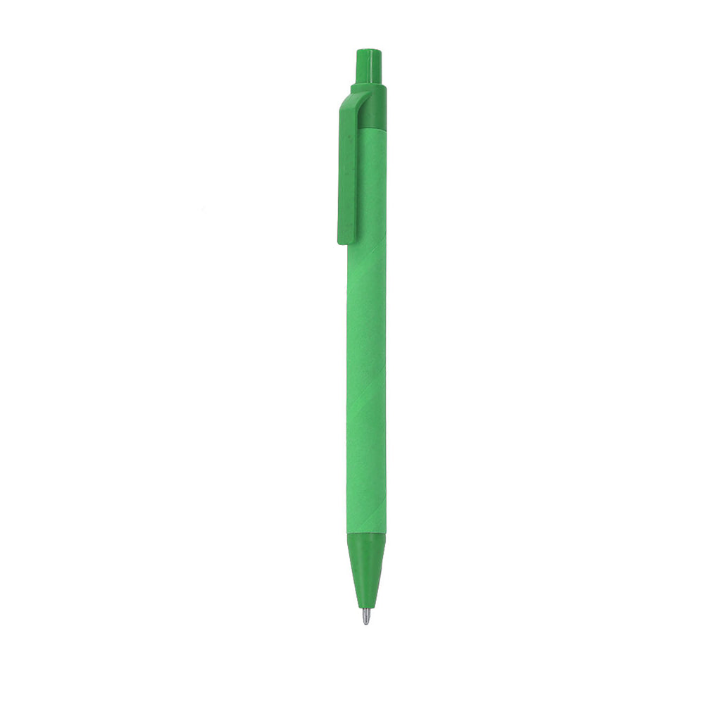 Stylo vert fabriqué en carton recyclé en combinaison avec de la paille de blé. Mécanisme à pression et encre bleue